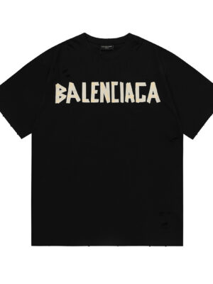 Balenciaga 2026 New Arrival: Distressed and scratched finish, digital tape logo on the front and back, unisex short-sleeved T-shirt.