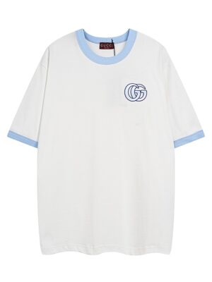 GUCCI new light blue ribbed embroidered logo round neck short-sleeved shirt