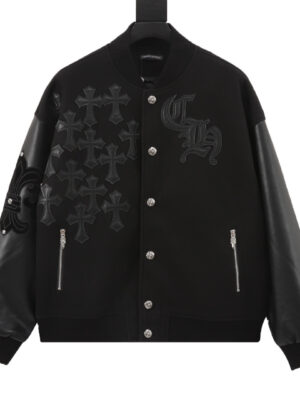 Chrome Hearts Leather-sleeved baseball jacket Black