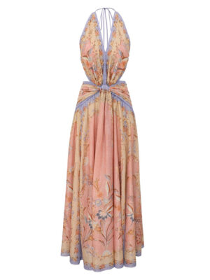 Silk cotton printed backless halter dress