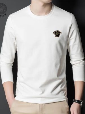 Versace 230G 100% Cotton Men's 2024 SS New Autumn Long-Sleeved Solid Color Crew Neck T-Shirt