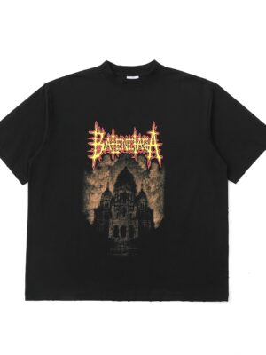 BALENCIAGA 26SS Summer New Arrival Yellow Castle Church Bursting Letter Art Graffiti Short-Sleeve T-Shirt, Unisex