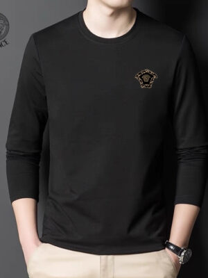 Versace 230G pure cotton men's 2024ss new autumn long-sleeved solid color round neck T-shirt, all cotton.